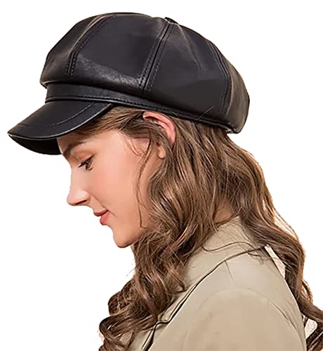 Vikodah Women Pu Leather Newsboy Caps 8 Panel Cabbie Beret Cap Painter Hat Fishing Hat Black #TOP4