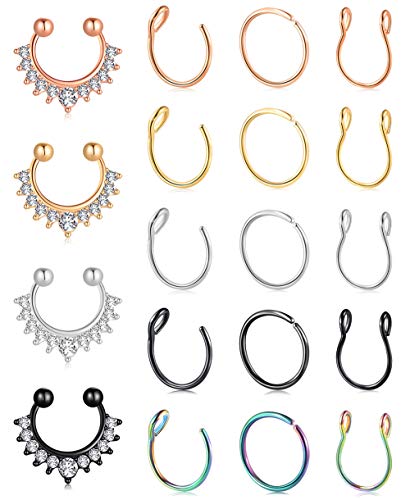 Fzroezz 20G Fake Nose Rings Hoop Clip-on Stainless Steel Septum Jewelry Non Piercing Fake Cartilage Earring Lip Rings Faux Nose Ring Piercing Jewelry for Women Men (Set B)