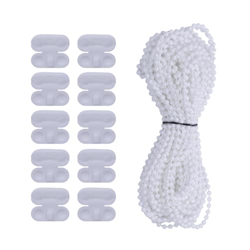 NovaPuff 10 Meters Durable Roller Blind Bead Chain Cord, White Connectors Venetian Shade Blind Cord Replacement, Plastic Vertical Shade Chain for Home/Office Use