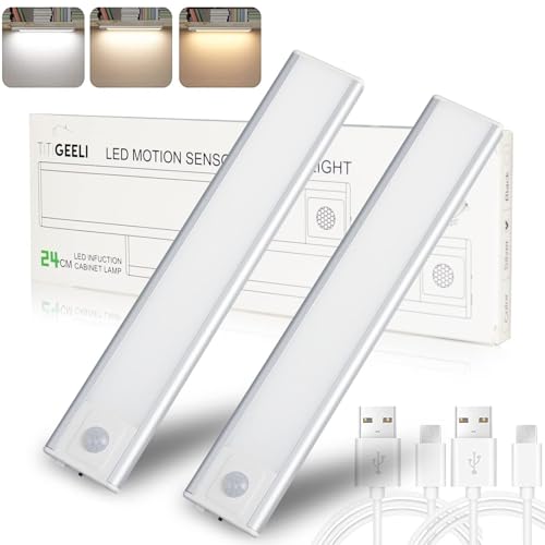 Under Cabinet Lights, 9 Inch Rechargeable Under Cabinet Lighting, Battery Operated Dimmable Motion Sensor Light Indoor, Magnetic Wireless Closet Lights for Kitchen, Stairs, Wardrobe (2 Pack)