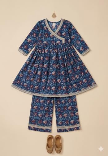 Image of A.T.U.N. (ALL THINGS UBER NICE) Girls Premium Cotton Kurti Sharara Combo Set | Vibrant Ethnic Traditional Print | Comfortable Festive Cultural Outfit for Kids