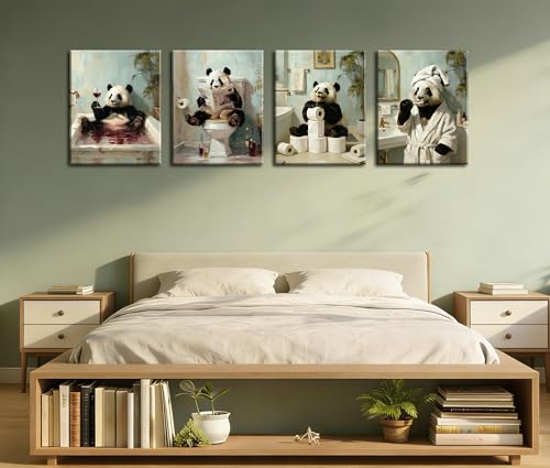 Image of Frimeeme 4 Piece Framed Funny Panda Canvas Wall Art, 8x10 Inch