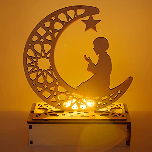 Bunifa Eid Crafts Night Light, Ramadan Mubarak Lamp Decorations, 3D Handmade Wooden Moon Star LED Lights Decor, Eid Ornaments Gift for Muslims, Islamic Wall Table Decor,Ramadan Gift (Prayer)
