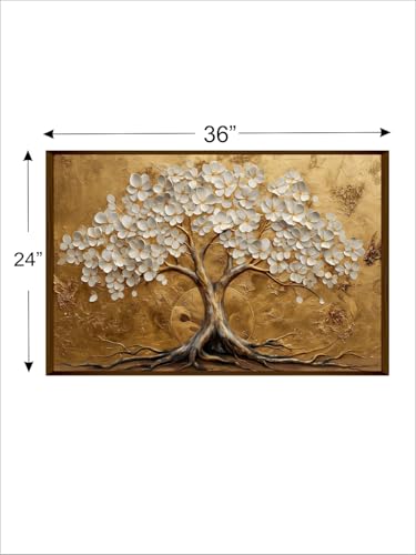 Image of Artsense Golden Tree of Life Wall Art Painting | Luxury Floral Tree Artwork with Birds | Nature Inspired Living Room Bedroom Office Hotel Wall Decor | Modern Abstract Botanical Wall Painting