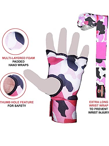 Padded Gel Inner Boxing Gloves For Men And Women With Long Elasticated Hand Wraps For Punching, Boxing, Mma, Muay Thai, Kickboxing And Martial Arts Training Pair (Camo Pink, Medium) #TOP5