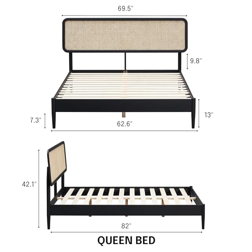 Image of NTC Lupin Wooden Bed Frame with Headboard and Natural Rattan, Solid Oak Foundation with Silent Slats, 1000 Lb Capacity, Effortless Assembly, Queen - Burnt Black