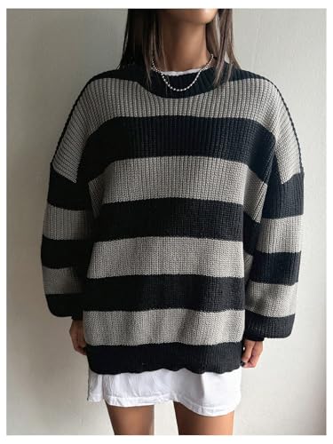 Floerns Women's Oversized Color Block Striped Pullover Crew Neck Long Sleeve Knit Sweater3