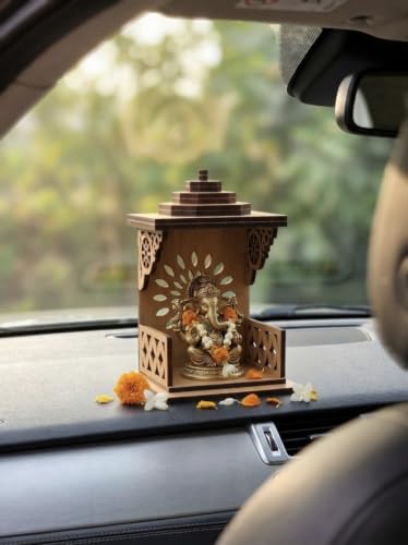 Image of Handcrafted Wooden Car Dashboard Temple, Walnut Finish, Laser-Cut Om Floral Design, MDF Mandir for Car Interior (Open Side Temple Golden Oak Finish)