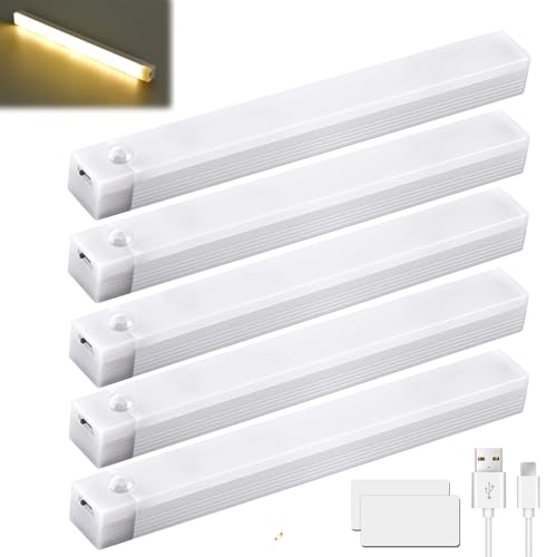 Lot de 5 lampes LED sans fil, rechargeables USB, 20 cm, détecteur de mouvement, 3 températures de couleur, intensité variable, cuisine, armoire