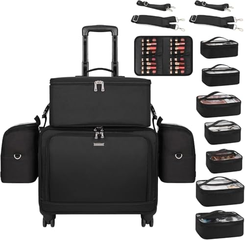 Maletín de maquillaje 4 en 1 con ruedas, maletín de maquillaje profesional con ruedas, maletín de viaje para peluquería, maletín multifuncional para maquillaje, tatuaje y arte de uñas, Negro , 01_Set