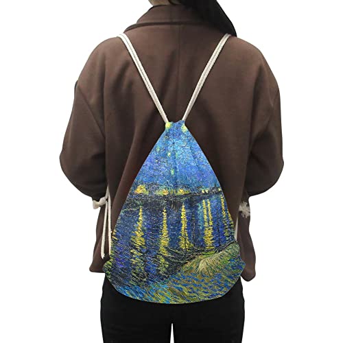 KIDVOVOU Print Drawstring Backpack String Bag Lightweight Gym Sackpack for Men Women Sport Hiking Yoga Gym Swim Travel Beach,Starry Night Over the Rhone2
