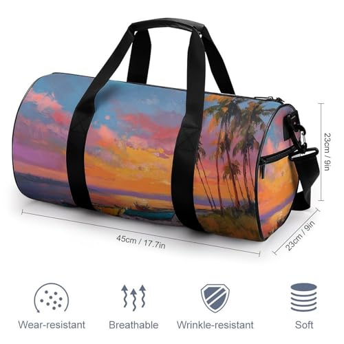Beach with Palm Trees Sunset Travel Gym Bag for Women Men Cylindrical Duffle Bag Sport Workout Bag with Shoulder Strap2