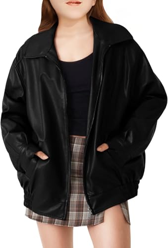 Girls Oversized Faux Leather Jackets Kids Zip Up Fall Winter Motorcycle Biker Coats Outerwear