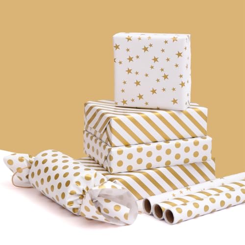 ZJHiome Conjunto de mini rolos de papel de embrulho de Natal, folha dourada, 3 rolos de papel de emb