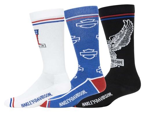 Harley-Davidson Mens 3-Pack Patriotic Logos Moisture Wicking Mid-Calf Socks (L)