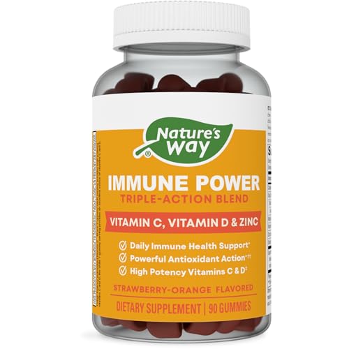 Nature's Way Immune Power, Triple Action Immune Support Blend*, Vitamins C and D, Zinc, Strawberry-Orange Flavored, 90 Gummies