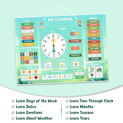 Image of My Daily Calendar & Clock for Kids (Ages 3-7) | Reusable Learning Board with Stickers | Teach Time, Days, Months, Weather & Routines