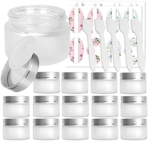 15 Pack, 1 oz 30ml Frosted Glass Jars with Silver Lids & Inner Liners, Empty Matte Clear Round Refillable Cosmetic Containers Travel Jars for Cosmetics, Body Butter,Scrubs,Face Cream Lotion and More
