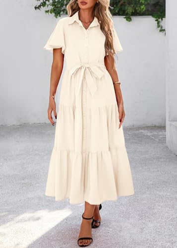 KIRUNDO Summer Button Down Wedding Guest Shirt Dresses for Women Maxi Flutter Short Sleeve Flowy Tiered Beach Sun Dress4