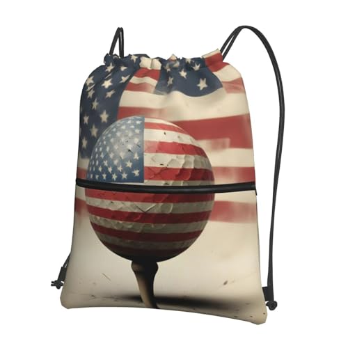 Distressed American Golf USA Flag Drawstring Backpack Patriotic zipper Drawstring Bag for Men Women Sport Yoga Travel Gym