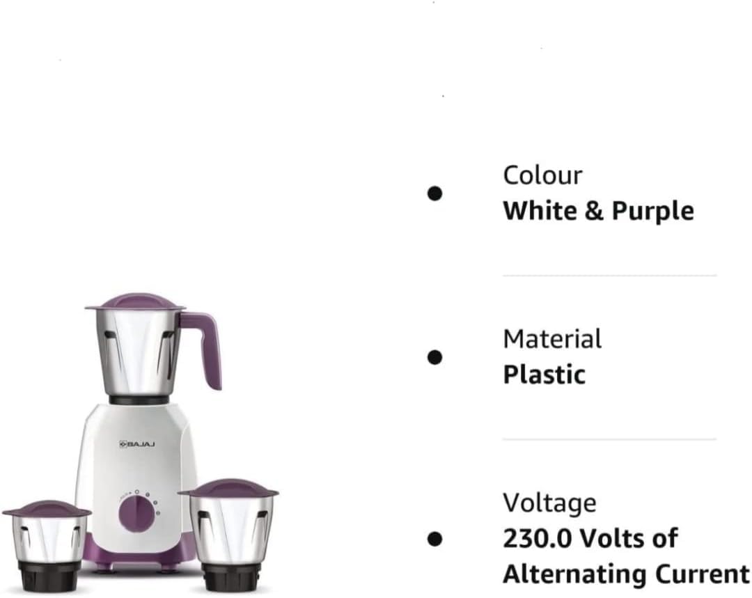 BAJAJ Ninja Series Elegance 500W Mixer Grinder – Stylish Purple, Powerful Motor, Durable Jars, Multi-Purpose Kitchen Appliance