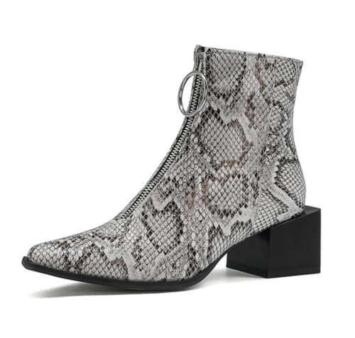 Botas de Tobillo de tacón Grueso con Cremallera Frontal y Punta Cuadrada para Mujer,Botines Chelsea de Piel de Serpiente de Moda,Bota Occidental de Fiesta Plateada clásica,Snake,38 EU