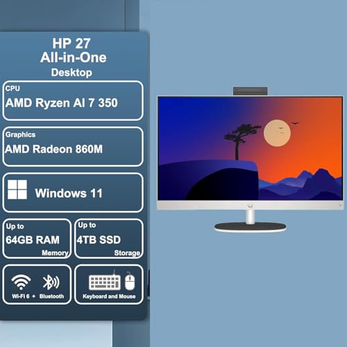 Image of HP 27 inch FHD All-in-One Touchscreen PC, AMD Ryzen AI 7 350, 16GB DDR5, 512GB PCIe SSD, Includes Wireless Keyboard & Mouse + External 9H 6-in-1 DVD Drive, Windows 11 Home, White