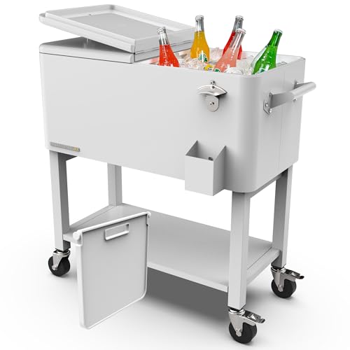 Permasteel Party Cooler with Divider, Removable Basin, Spacious 80-Qt Capacity, Chills 36hrs, Serving Tray, Rolling Ice Chest for Indoor & Outdoor, Matte White by Permasteel - Used condition - US$192.45