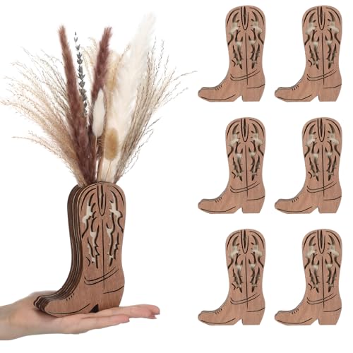 LemonRoad 6 Pcs Wooden Cowboy Boot Vases for Tables Centerpieces Small Cowboy Boot Flower Vase for Flower Faux Greenery Rustic Western Centerpiece for Table Weddings Party Decor (Classic Brown)