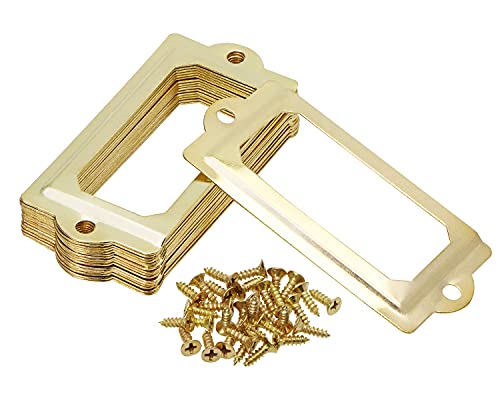 ONLYKXY 17Pcs Iron Metal Label Box Drawer Handle Card Frame File Name Card Holder for Furniture Cabinet Hardware Case Accessories 2.7x1.2inch (Gold)