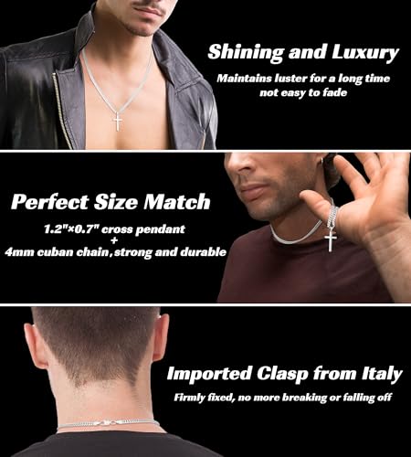 Italian 925 Sterling Silver Cross Necklace for Men, 18k Gold Over Sterling Silver Cross Necklace with World-class Craft 4mm Cuban Link Chain for Men Boys Women, Durable, Colorfast 16-26 Inch2