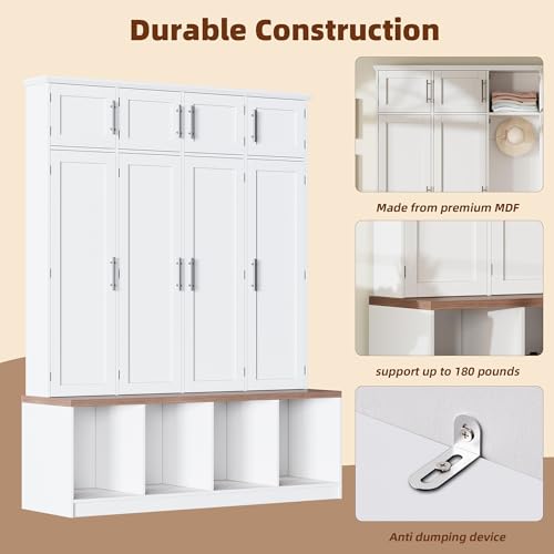Image of Hall Tree with Entryway Bench and Shoe Storage Compartments, Particle Board Multi-Functional Cabinet with 4 Hanging Hooks, White
