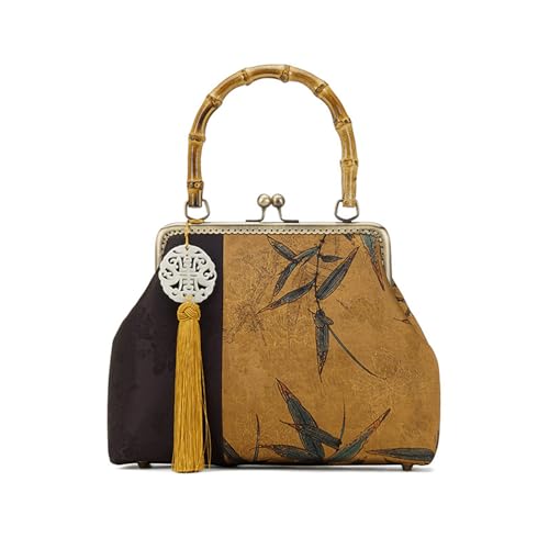 Bamboo Handle Purse for Woman Chinese Retro Bamboo Leaf Print Handbag Tassel Charm Purses Elegant Top Handle Bag