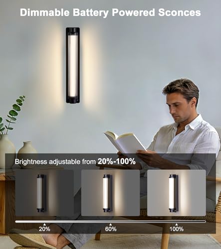 Image of Set of 2 Modern Black Detachable 15000mAh Battery Wall Sconces | 15000mAh detachable long runtime battery,remote dimmable timer,renter-friendly no hardwire light for wall art bedroom hallway