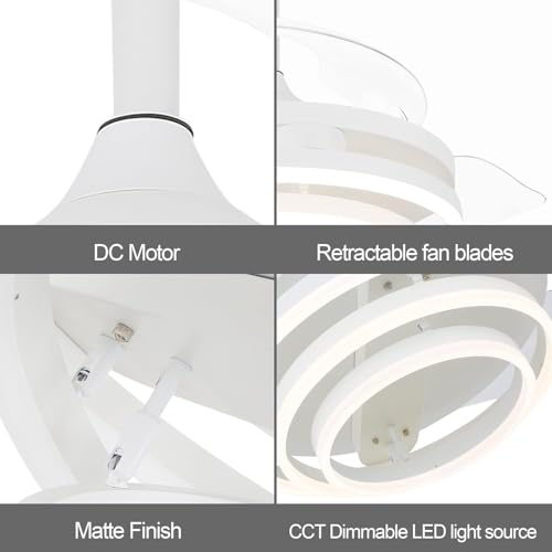 Image of oltao Enigma Modern 42-Inch Dimmable Chandelier Ceiling Fan - White | with Copper BLDC Motor & Retractable Blades | Summer-Winter Mode LED Light Fan with Remote & App Control - for Living Room