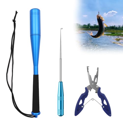 Juego de 3 Piezas Portátil De Martillo De Pesca, Mata Peces de Aluminio con Mango Antideslizante, Removedor de Gancho de Pesca con Alicates de Pesca Multifuncional Ligero de Acero Inoxidable - Azul