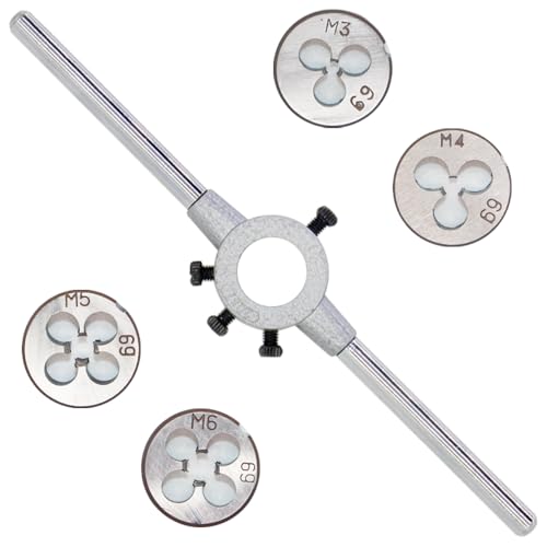 4-piece set of metric threaded round dies M3 M4 M5 M6 accompanied by a die wrench, crafted from high-quality HSS alloy steel, suitable for machining metals like iron, aluminum alloy, copper, and zinc