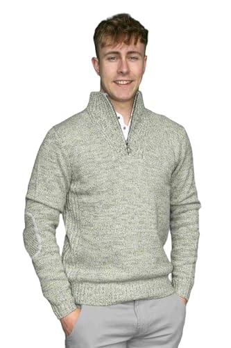 Emerald Isle Aran Sweater for Men's Irish Cable Knit Pullover, 1/4 Zipper Sweater Made in Ireland (US, Alpha, Medium, Regular, Regular, Oatmeal Marl)