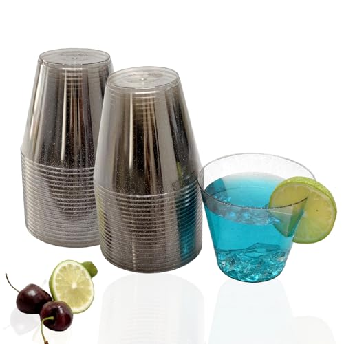KINGSUSLAY 50Pack Glitter Sliver Plastic Cups, 9 oz Clear Fancy Disposable Cups,Clear Plastic Tumblers for Weddings,Birthday,Thanksgiving, Christmas,Halloween as Party Cups.