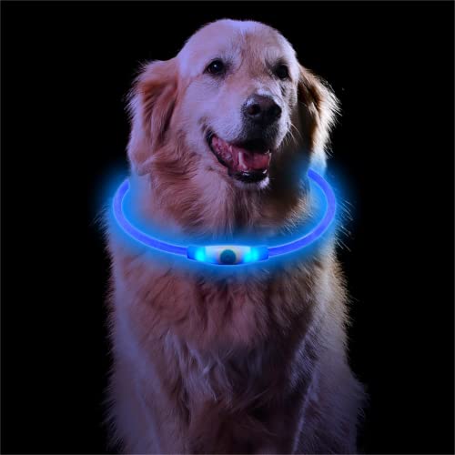 Sarsumir LED Collier Lumineux Chien Rechargeable et Longueur Ajustable, Collier Chien Lumineux avec 3 Modes d'éclairage, Imperméable Collier Fluo Chien Petit Moyen Grand, Bleu Cover