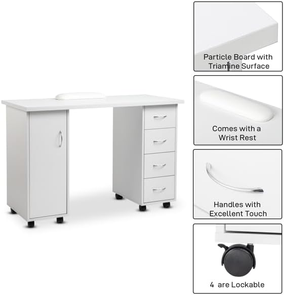 Double Edged Manicure Nail Table with Drawer (White)