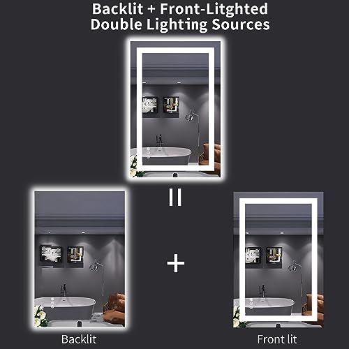 LOAAO 24"X36" LED Bathroom Mirror with Lights, Anti-Fog, Dimmable, Backlit + Front Lit, Lighted Bathroom Vanity Mirror for Wall, Memory Function, Tempered Glass, Safe to Use, ETL Listed