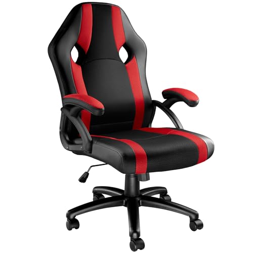 TecTake® Silla Ergonómica Gaming, Silla de Estudio con Reposabrazos Ajustables, Mecanismo Basculante, Amortiguador de Gas, Giro de 360°, Office Chair, Acolchado Grueso, Gaming Setup - Negro/Rojo