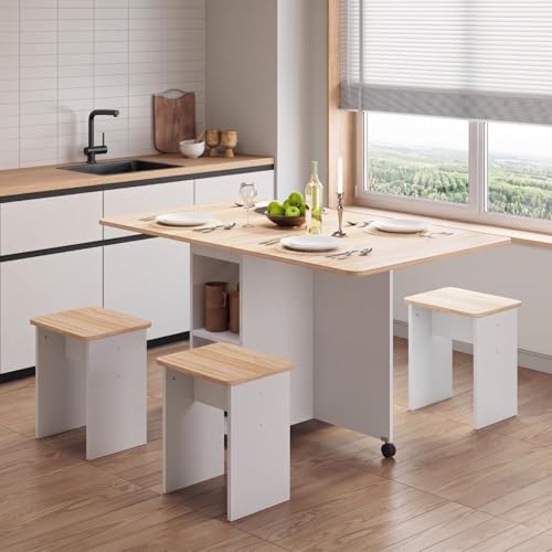 Image of TEKAVO Zydra Foldable Dining Table with 4 Chairs I Folding Space Saving Dining Table 4 Seater I Movable Furniture with 6 Wheels I White & Mile Oak I (120L x 80W x 80H CM) - DIY.