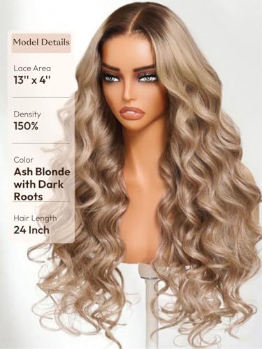 Image of Beauty Forever 13x4 Pre Everything Body Wave Lace Front Wig Human Hair, Ash Blonde Glow with Dark Roots,Glueless Drawstring No Slip Wig 150% Density Pre Plucked Pre Cut Ready to Go 24inch
