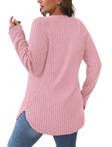 Image of Saloogoe Long Sleeve Shirts for Women 2025 Fall Clothes Tunic Tops Loose Fit Dressy Crewneck Pullover Sweaters Curved Hem