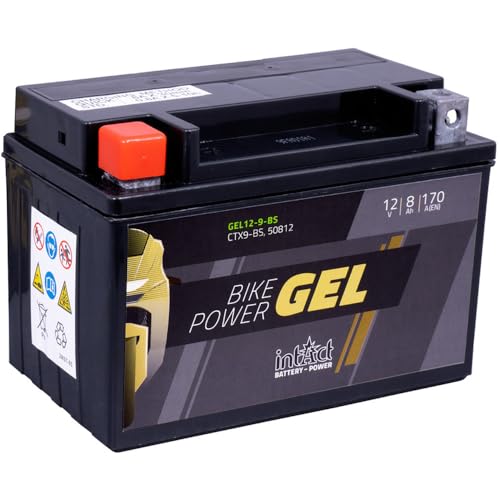 intAct - BATTERIA GEL PER MOTOCICLI Bike-Power GEL12-9-BS. Sostituisce YTX9, YTX9-BS. Batteria per moto 12V 8Ah 170A. Dimensioni: 150x87x105 mm. Con una potenza di avviamento superiore del 30%.