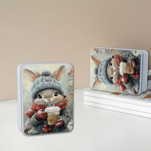 Image of Metal Tin Box with Lid,Multi-functional Storage Box Can Store Tea Biscuits Game Cards, Playing & Tarot Cards-Comes with 4 Magnetic Cord Clips,Winter Bunny