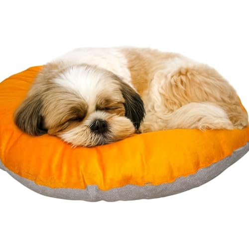 Image of The Pets Company Calming Dog & Cat Bed | Soft Fluffy Donut Reversible, Washable Pet Bed for Kittens Puppies | Cozy Plush Anti-Anxiety Cushion |, (L-22 Inch x B-22 Inch x H-4 Inch), Orange & Grey-XS