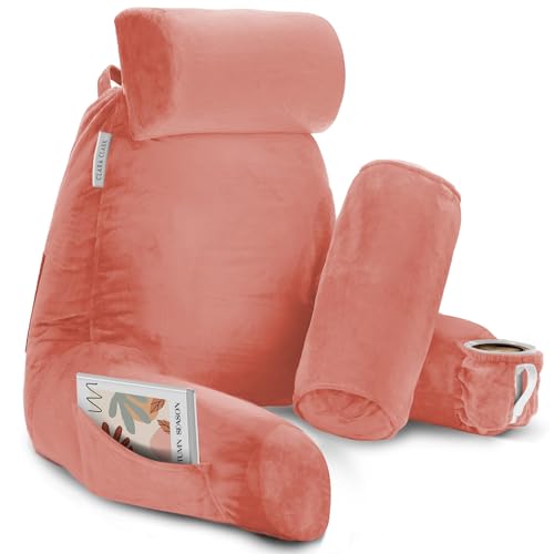 Image of Clara Clark Reading Pillow Adult, Back Pillow for Sitting in Bed - Shredded Memory Foam Reading & Bed Rest Pillow with Arms and Pockets - Bed Pillows for Sitting Up in Bed - Large, Misty Rose